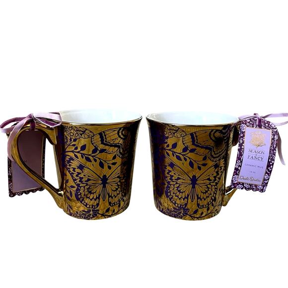 Dwell Studio Ceramic Butterfly Mug Tea Cup 19oz Metallic Gold & Purple Set 2 New - Picture 1 of 16